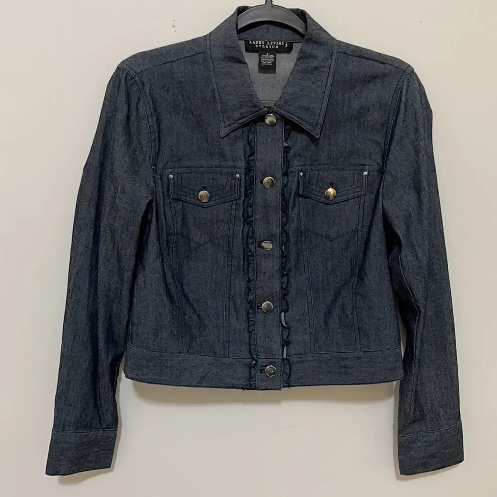 NWOT Larry Levine Blue Dark Wash Stretch Denim Jacket With Ruffles Size - S - Picture 4 of 11